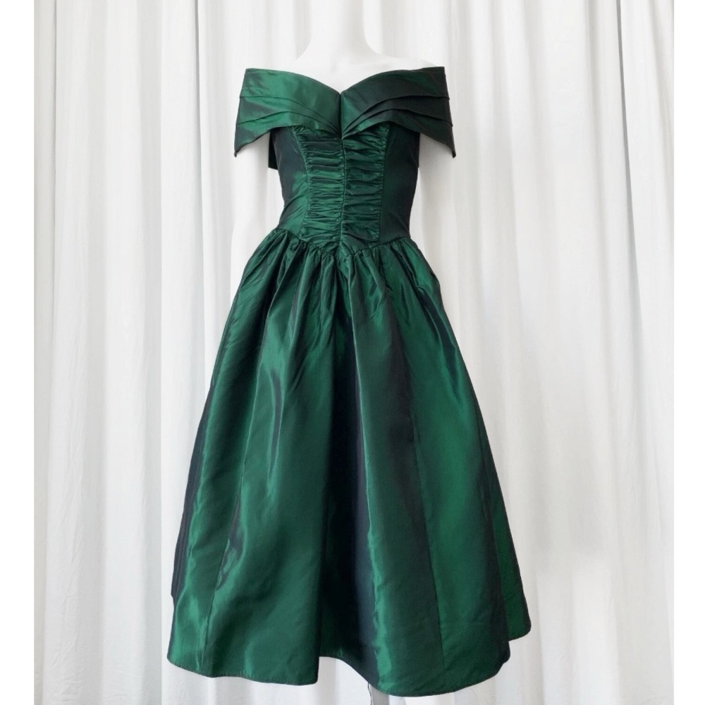 Vtg 80s Gunne Sax Emerald Green Womens Taffeta Off Shoulder Party Dress Size XS